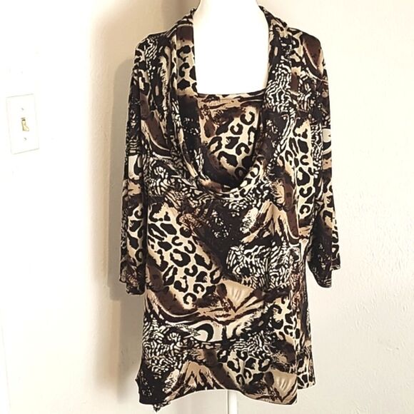 Notations Brown & Beige Animal Print Tunic with Long Cowl Neck, Size 1X - Picture 1 of 10